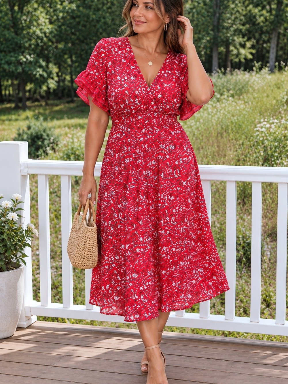 Max Studio Red Floral Midi Dress Large Boho Cottagecore Flutter Sleeve